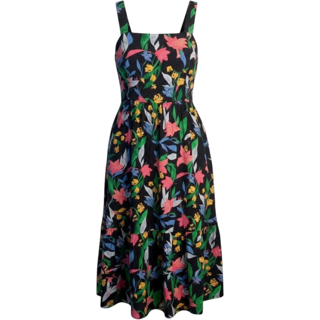 J.Crew Floral Tiered Cotton Midi Dress Black Tropical Cottagecore Boho Size 0